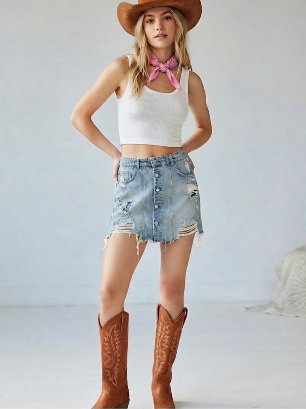 Free People Distressed Button-Front Denim Skirt size 8